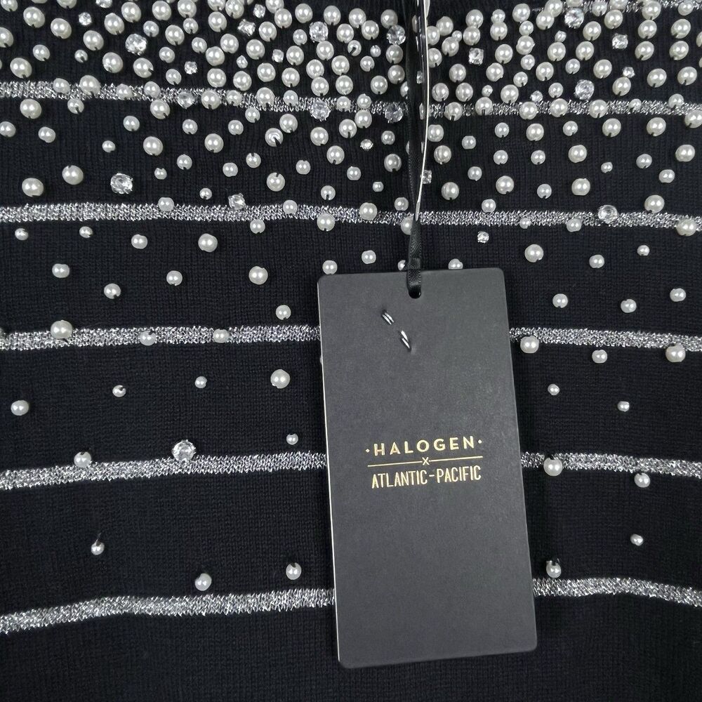 Halogen x Atlantic-Pacific Embellished Stripe Sweater Black Pearl Rhinestone - Picture 4 of 13